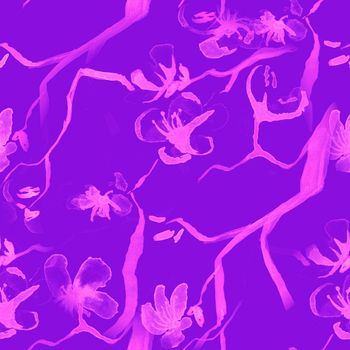 Blossom Watercolor. Bright Purple Apple Flower. Artisctic Japanese Pattern. Seamless Romantic Background. Blossom Watercolor. Bright Pink Cute Print. Sakura Drawing. Rose Blossom Watercolor.