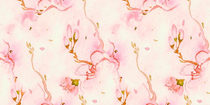 Watercolour Cherry Blossom. Seamless Apple Wallpaper. Chinese Tree Painting. Pastel Modern Soft Drawing. White Cherry Blossom. Vintage Sakura Style. Pink Watercolor Cherry Blossom.