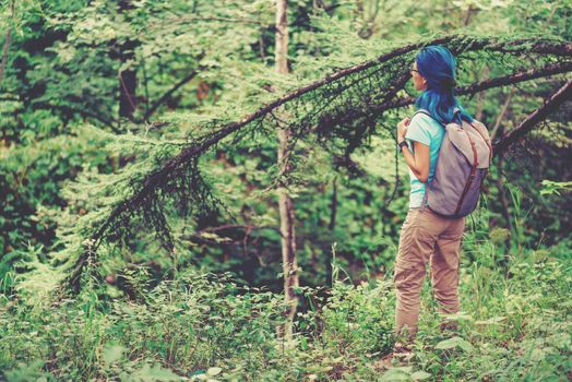 Hiker young woman with blue hair walking in summer forest