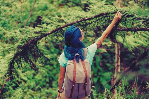 Hiker girl with blue hair walking in summer forest. Hiker woman looking at conifer tree