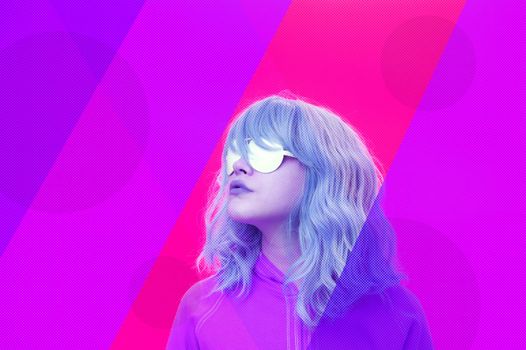 Art collage with close up fashion portrait young beautiful woman in glasses. Alternative funky girl with blue hair on a bright purple blue background. Unusual youth fashion concept.