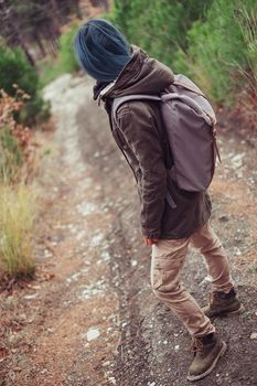 Unrecognizable hiker with backpack standing on path among green pine-trees