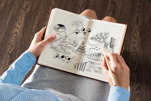 close-up, the business lady with notebook. Concept of business planning