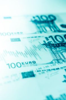 Double exposure Stock market display or forex trading graph and candlestick chart on Euro banknote. Economy trends background for business idea and all art work design. Abstract finance background.