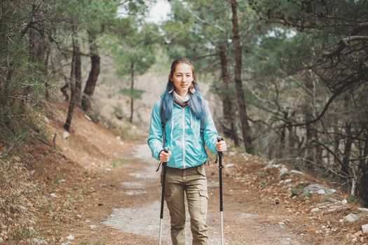 Traveler young woman with trekking poles walking on footpath among pine trees in the forest