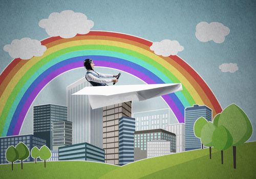 Aircraft pilot sitting in paper plane and holding steering wheel. Aviator driving paper plane on background of city illustration. Cityscape with rainbow and high skyscrapers and office buildings.