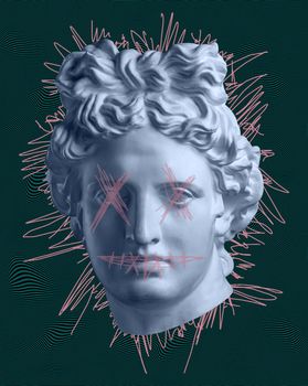 Modern conceptual art colorful poster with ancient statue of bust of Apollo. Collage of contemporary art.