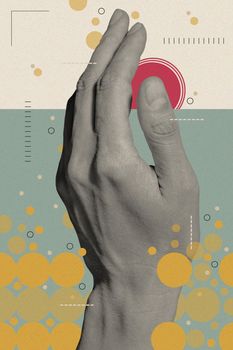 Art collage with human palm and creative elements, geometric shapes for posters, banners, wallpaper. Science, research, discovery, technology concept. Fashion magazine style. Pop art. Zine culture.