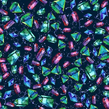 Watercolor illustration of diamond crystals - seamless pattern. Print for textile, fabric, wallpaper. Hand made painting. Jewel on green background. Unusual modern ornate.