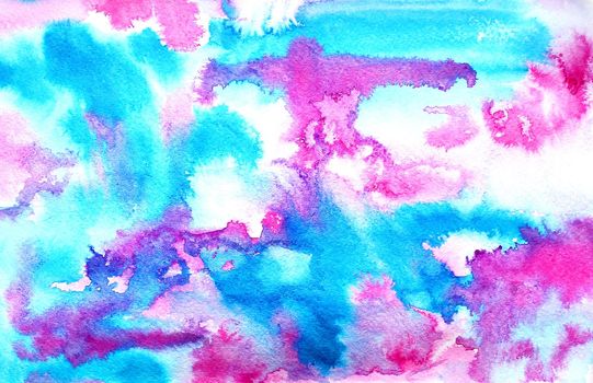 Abstract blue pink ink painting on grunge paper texture. Hand painted watercolor background. wash. Illustration stain and spot. Bright color. Unusual creativity art. Pattern