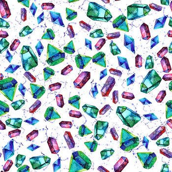 Watercolor illustration of diamond crystals - seamless pattern. Print for textile, fabric, wallpaper. Hand made painting. Jewel on white background. Unusual modern ornate.