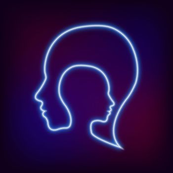 Modern Neon logo head sign of Psychology. Profile Human. Creative style. Symbol in . Design concept. Brand company. Blue color isolated on blur background. Icon for web, print, logotype clinical