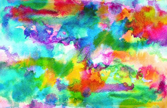 Abstract blue rainbow ink painting on grunge paper texture. Hand painted watercolor background. Watercolor wash. Illustration stain and spot. Bright color. Unusual creativity art. Pattern