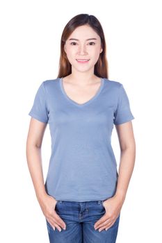 happy woman in blue t-shirt isolated on a white background