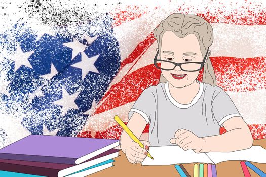 illustration of child on the background of the flag of america.