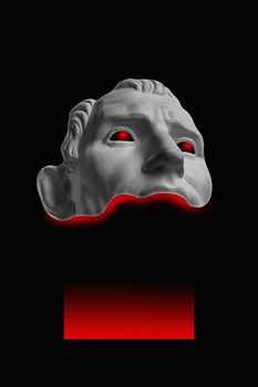 Antique sculpture of human face surreal collage in pop art style. Modern image with cut details of statue head. Red eyes. Dark concept.Contemporary art poster. Funky retro minimalism. Zine culture.