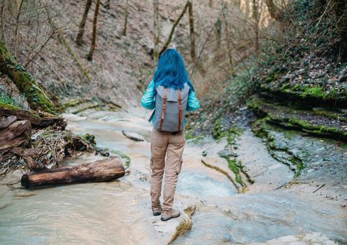 Traveler young woman with backpack walking along mountain river, rear view