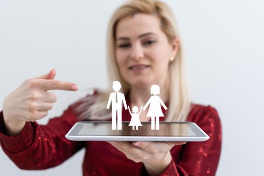 Image of businesswoman with tablet virtual people.
