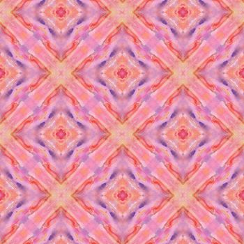 Hand drawn seamless pattern with folk national motives. Bright colored abstract wallpaper. Seamless texture. Geometric fabric design. Art painting. Pink colors. Native watercolor.