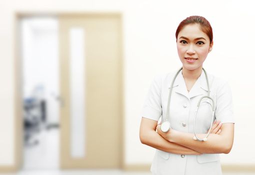 nurse with stethoscope in hospital background