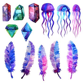 Multicolor minerals. Watercolor illustration of crystal, jellyfish and bird feathers. Isolated on white background. Elements for wallpaper, textile, seamless patterns. Hand painted.