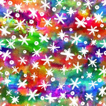 Watercolor Seamless pattern with hand drawn snowflakes. Abstract brush strokes. Ink illustration. White on rainbow background. . New year and Christmas fabric design. Holiday print. Rainbow color.