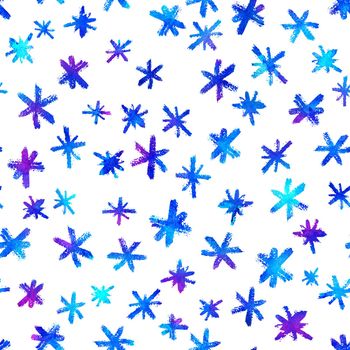 Watercolor Seamless pattern with hand drawn snowflakes. Abstract brush strokes. Ink illustration. Isolated on white background. . New year and Christmas fabric design. Holiday print. Blue color.