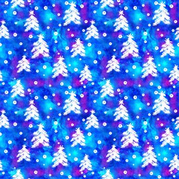 Watercolor Seamless pattern with hand drawn snowflakes and christmas tree . Abstract brush strokes. Ink illustration. White on blue background. . New year and Christmas fabric design. Holiday print.