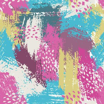 seamless pattern with brush stripes and strokes. Pink blue violet color. Background. Hand painted grange texture. Ink geometric elements. Fashion modern style. Endless fabric print