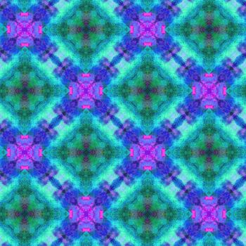 Hand drawn seamless pattern with folk national motives. Bright colored abstract wallpaper. Seamless texture. Geometric fabric design. Art painting. Blue colors. Native. Patchwork, and scraps