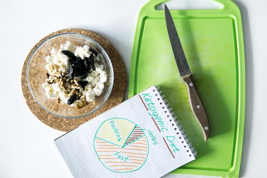 Cooking Breakfast on a Keto diet: cottage cheese with walnuts and prunes. Folding ingredients into a single bowl. Diet with nutrition diagram written on a note. Cooking process, step 4.