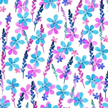 Seamless floral pattern with watercolor blue pink flowers and leaves in vintage style on white background. Hand made. Ornate for textile, fabric, wallpaper, print. Nature illustration. Painting elements.