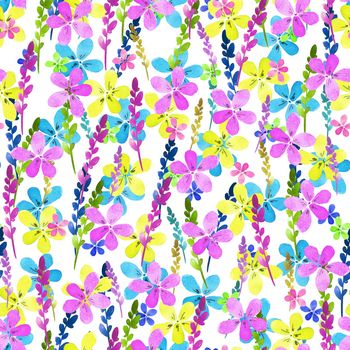 Seamless floral pattern with watercolor blue pink yellow flowers and leaves in vintage style on white background. Hand made. Ornate for textile, fabric, wallpaper, print. Nature illustration. Painting elements.