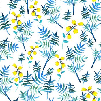 Seamless floral pattern with watercolor yellow flowers and leaves in vintage style on white background. Hand made. Ornate for textile, fabric, wallpaper, print. Nature illustration. Painting elements.