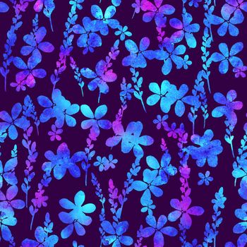 seamless pattern with brush flowers and leaf. Blue watercolor color on violet background. Hand painted grange texture. Ink forest elements. Fashion modern style. Endless fabric print. Unusual and teen
