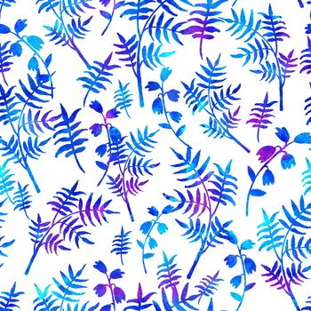 seamless pattern with brush flowers and leaves plant . Blue watercolor color on white background. Hand painted grange texture. Ink forest elements. Fashion modern style. Endless fabric print. Unusual and teen