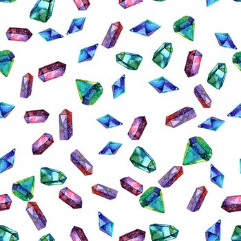 Watercolor illustration of diamond crystals - seamless pattern. Print for textile, fabric, wallpaper. Hand made painting. Jewel on white background. Unusual modern ornate.