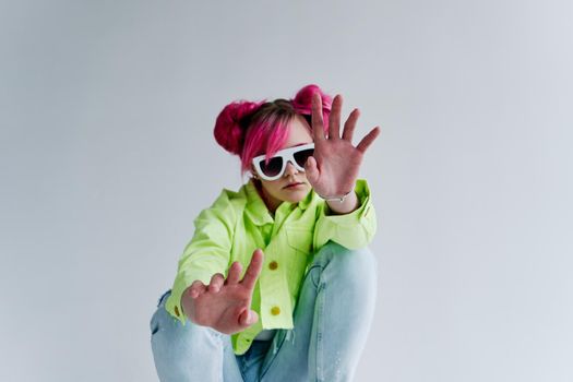 pretty woman green jacket fashionable clothes lifestyle fun design. High quality photo
