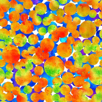 seamless pattern with brush dots and blots circle. Blue orange watercolor color on white background. Hand painted grange texture. Ink geometric elements. Fashion modern style. Endless fabric print. Unusual