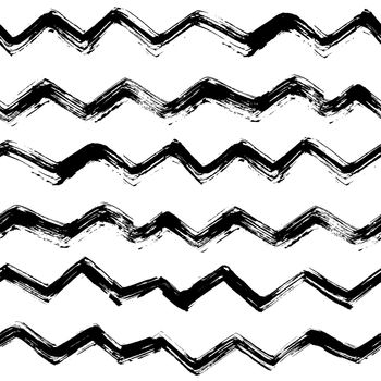 seamless pattern with brush stripes and waves. Black color on white background. Hand painted grange texture. Ink geometric elements. Fashion modern style Endless fabric print Retro. Teen and school