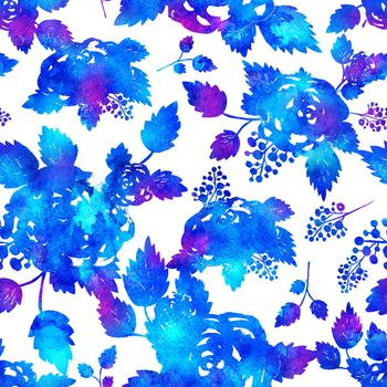 seamless pattern with brush flowers and leaf. Blue watercolor color on white background. Hand painted grange texture. Ink forest elements. Fashion modern style. Endless fabric print. Unusual and teen