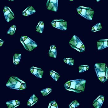 Watercolor illustration of diamond crystals - seamless pattern. Print for textile, fabric, wallpaper. Hand made painting. Jewel on dark background. Unusual modern ornate.