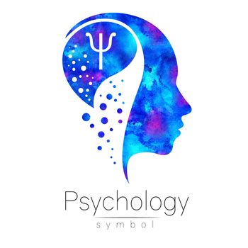 Modern head sign of Psychology. Profile Human. Letter Psi. Creative style. Symbol in . Design concept. Brand company. Blue watercolor color isolated on white background. Icon for web, print.