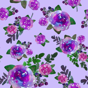 Romantic floral seamless pattern with rose flowers and leaf. Print for textile wallpaper endless. Hand-drawn watercolor elements. Beauty bouquets. Pink, violet . green on blue background. Summer spring