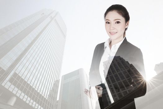 double exposure of  business woman in suit with city background