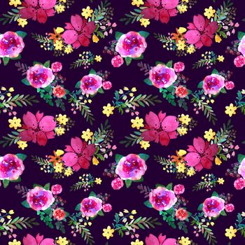 Romantic floral seamless pattern with rose flowers and leaf. Print for textile wallpaper endless. Hand-drawn watercolor elements. Beauty bouquets. Pink, red. green on dark background. Summer spring