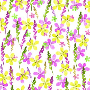 Seamless floral pattern with watercolor yellow pink flowers and leaves in vintage style on white background. Hand made. Ornate for textile, fabric, wallpaper, print. Nature illustration. Painting elements.