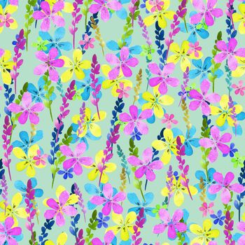 Seamless floral pattern with watercolor blue pink yellow flowers and leaves in vintage style on blue background. Hand made. Ornate for textile, fabric, wallpaper, print. Nature illustration. Painting elements.