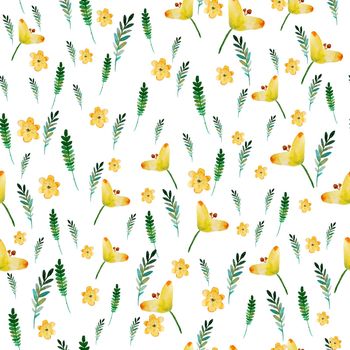 Seamless floral pattern with watercolor yellow flowers and leaves in vintage style. Hand made. Ornate for textile, fabric, wallpaper, print. Nature illustration. Painting elements.