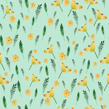 Seamless floral pattern with watercolor yellow flowers and leaves in vintage style. Hand made. Ornate for textile, fabric, wallpaper, print. Nature illustration. Painting elements.